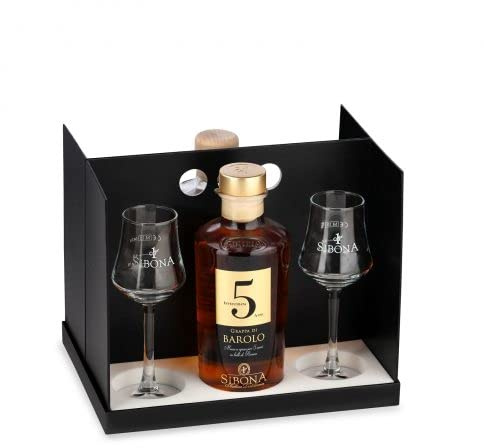 Cofanetto Regalo -SIBONA- con 1 Bottiglia di Grappa Riserva Barolo invecchiata 5 anni + 1 Bottiglia di Grappa Riserva Botti ex Tennesse Whisky + 4 Bicchieri d Degustazione