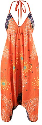 Nuofengkudu Women's Jumpsuit Harem Trousers Sleeveless Backless Deep V Neck Ethnic Print Loose Fit Romper Overalls Summer Beach Holiday Yoga Pants S-Orange One Size