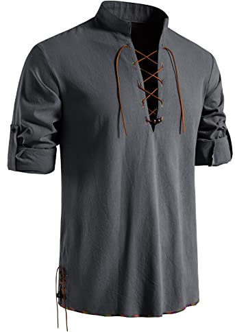 LucMatton Herren Retro Schnürung Mittelalter Kostüm Shirts für Halloween Cosplay Wikinger Pirat Steampunk Vampir Renaissance Gothic Viktorianische Kleidung Grau X-Large