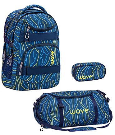 Wave Infinity Schulrucksack Set 3 - teilig mit Laptopfach Tabletfach / 43 x 31 x 22 cm / 30 Liter/Unisex/Rucksack Daypack (338-72/A Set2) (Yellow Lines)