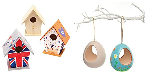 Baker Ross EC1235 Mini Wooden Birdhouses (Box of 4) for Kids to Decorate, Arts and Crafts & AR267 Bird Feeders for Crafts - Pack of 2, Ceramic Painting Art Activities for Kids