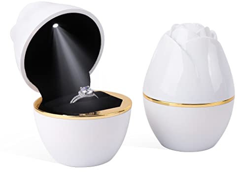 Rolin Roly Scatola per Anelli a Forma di Rosa Ring Box con Luce LED Confezione Regalo Bianco per Anello per Matrimonio San Valentino Fidanzamento (White)