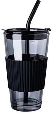 RYUHYF Tazza in vetro con cannuccia e coperchio, 16 once, grigio fumo con anello in gomma siliconica nera
