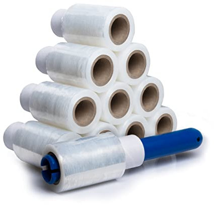 V1 Trade Mini Stretchfolie Transparent - 40x Strechfolienrolle + Abroller - Wickelfolie - Handstretchfolie 150 Meter Lang und 10 cm Breit - Verpackungsmaterial - Verpackungsfolie auf Rolle - Folie
