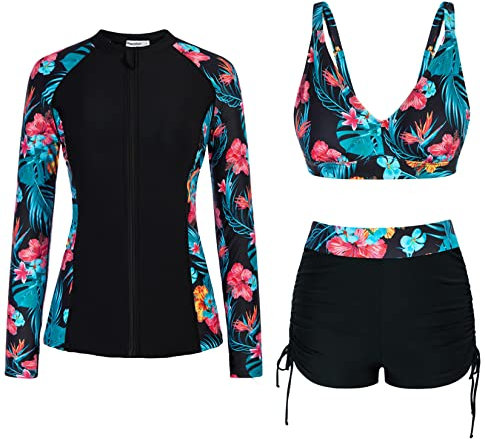 JASAMBAC Women's Athletic 3 Piece Swimsuits Long Sleeve Swimsuit Sports Surfing Swimwear Bathing Suit Blue Red Floral