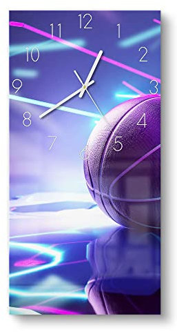 DEQORI Glasuhr | horizontal 30x60 cm | Motiv Inszenierter Basketball | große XXL Design Uhr aus Glas | leise Wanduhr für Wohnzimmer & Küche | Moderne Hingucker Uhr für die Wand