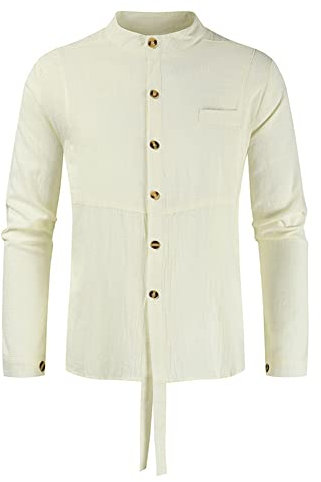 Langarm Shirt Herren Casual Einfarbig Stehkragen Leinenhemd Herren Slim Fit Taschen-Dekoration Basic Shirt Herren Täglich Zuhause All-Match Sommer Shirt Herren C-White 3XL