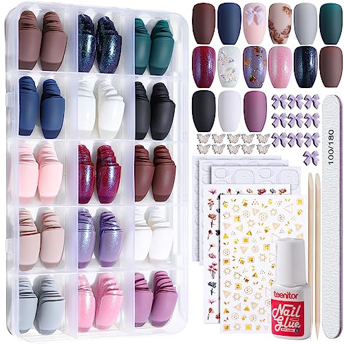 Coffin Press on Nails with Glue, Teenitor 15 Packs Medium Ballerina False Nails Set Stick on Nails with Nail Sticker, Matte Fake Nails