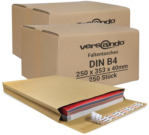 versando 250x B4 Faltentaschen 4cm Falte ohne Fenster (250x353x40 mm) | Versandtaschen Bodenfalte haftklebend braun