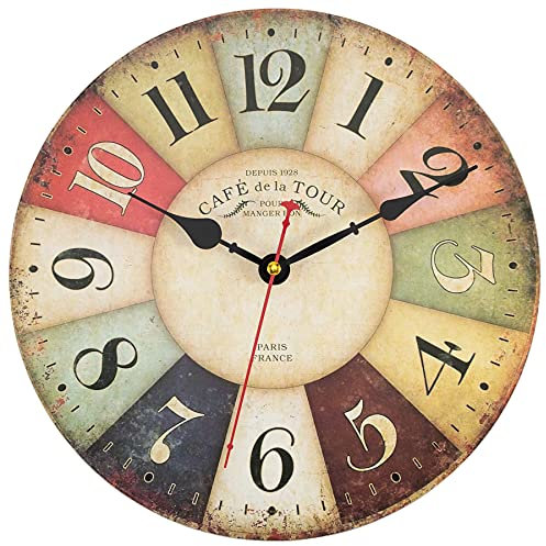 Foxtop Vintage Wall Clock, 34 cm Farmhouse Wooden Wall Clock with Large Arabic Numerals, Non-Ticking Battery Operated Silent Clock for Living Room Bedroom Kitchen Farmhouse Hotel Cafe