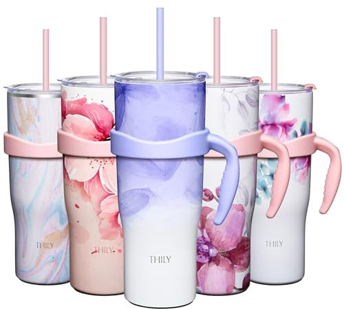 THILY 40 oz Insulated Tumbler with Handle - Stainless Steel Coffee Travel Mug with Lid and Straws, Keep Drinks Cold for 34 Hours or Hot for 12 Hours, BPA Free, Violet Leaves