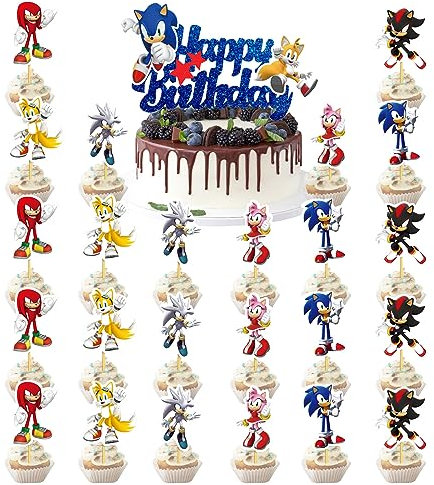 25 PCS Blue Sonic The Hedgehog Birthday Cake Decoration EFOT-Sonic Cupcake Toppers Happy Birthday Sonic Cake Topper Cartoon Theme Party Cupcake Toppers Decorating for Kids Baby Shower Boys Girls Party
