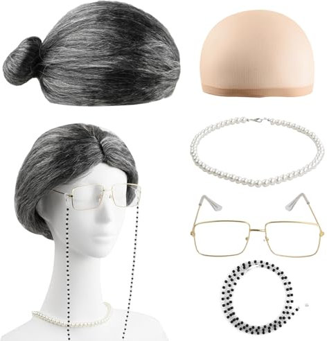 Wisebom Alte Dame Cosplay Set, 5Pcs Oma Kostümzubehör Inklusive Graue Perücke mit Kappen Perlenkette Brille mit Kette, Großmutter Perücke Deko für Mottoparty Fasching Karneval