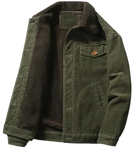 Juneyou Herren Cordjacke mit Stehkragen, verdicktes Sherpa-Futter, warmer Mantel mit Taschen, armee-grün, L