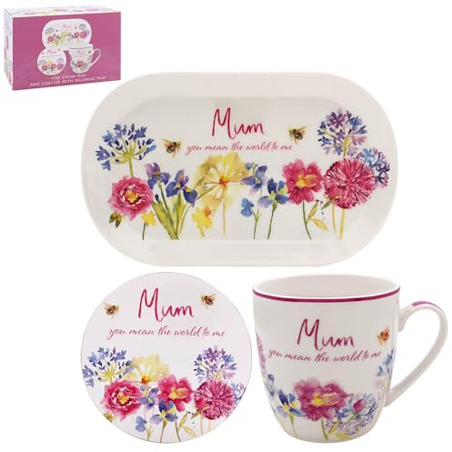 Lesser & Pavey Mum's Mug, Coaster & Tray Gift Set | Lovely British Designed Gift Set for Mothers Day | Tea Set & Tray Perfect for Mothers Day Gifts or Birthdays