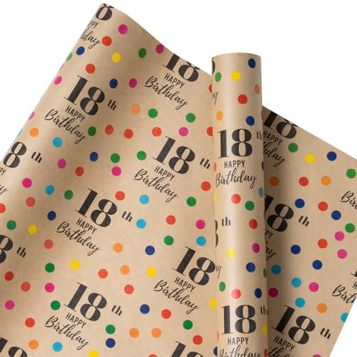 RUSPEPA Kraft-Geschenkpapierrolle mit Duft – Mini-Rolle – buntes Punkte-Design, ideal für Geburtstag, Party, Babyparty – 43,2 cm x 5 m – 18. Geburtstag