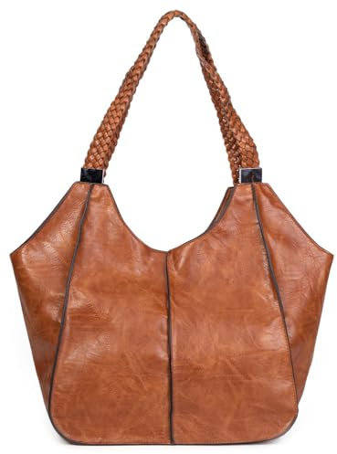 OBC Damen XXL Tasche Schultertasche Shopper Businesstasche Umhängetasche Workbag Henkeltasche Reisetasche FLECHTOPTIK Henkel Leder Optik Cognac