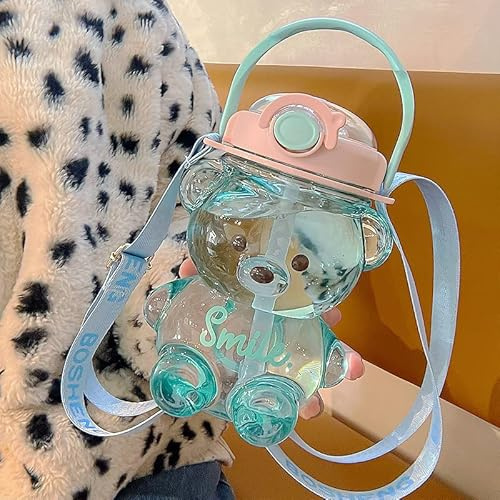 Kawaii Bear Shaped Large Water Bottle Teddy Bear Drinking Cups with Straw Bear Drinks Bottle Leak Proof Drinking Bottle with Shoulder Strap (1400ml Light Blue)