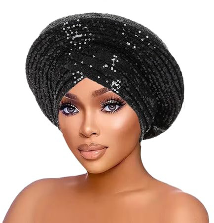 JRZXTWL Afrikanisches Damen-Kopftuch, Auto-Gele-Kopfschmuck, Party-Kopfschmuck, Pailletten, glänzend, Baotou-Hut, Schwarz, 1 Count (Pack of 1)