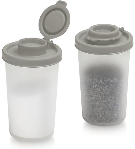 SIGNORAWARE - Juego de 2 saleros y pimenteros a prueba de humedad para ir de campamento, picnic, al aire libre, cocina, loncheras, viajes, especias, transparente con tapas grises, dispensador