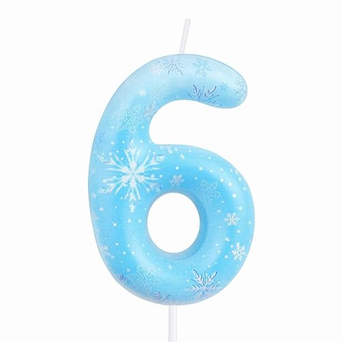 Schneeflocke Zahl Geburtstagskerzen, Blau Weiß 6 Geburtstag Kerze für Kuchen Mädchen, Frozen Nummer 6 Kerzen, Weiß Frozen Snow Candle Cake Topper für Frozen Themed Geburtstag Dekorationen Party
