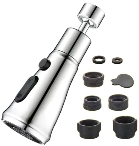 Kitchen Tap Spray Head, 360°Swivel Brushed Nickel Spout, Kitchen Sink Faucet Aerator with 3 Modes Tap Adapter Accessories