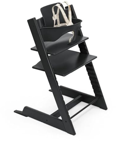 Stokke Tripp Trapp Hochstuhl 2 schwarz – inklusive Stuhl + Baby-Set mit abnehmbarem Geschirr für Kinder von 6-36 Monaten – verstellbar, ergonomisch & pflegeleicht