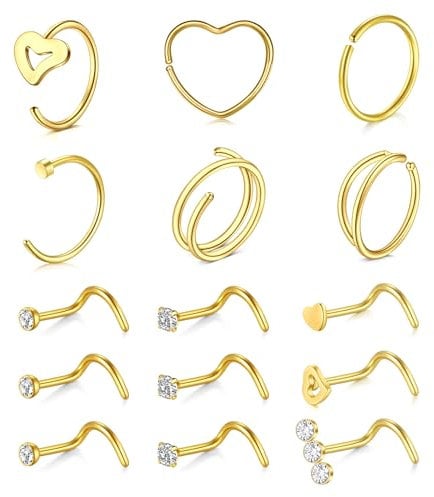 MODRSA 20G Gold Nose Stud Screw Nose Ring Hoop Women Stainless Steel Corkscrew Nose Studs Heart Nose Hoop Rings Nostril Piercing Jewellery 15PCS