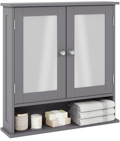 Bath Vida Priano Double Door Bathroom Cabinet, Wood, Grey, Mirrored Wall Mounted Storage Furniture