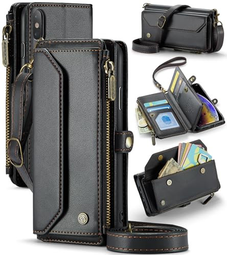 UFinetech Crossbody Wallet Case Hülle für iPhone X, für iPhone XS Hülle - RFID-Blockierung, Kabelloses Laden, Stoßschutz, Verstellbarer Gurt, Kartenfächer, PU-Leder, Integrierter Ständer, Schwarz