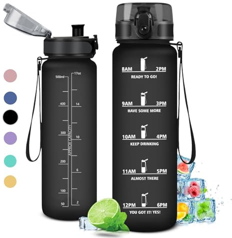 Bouteille d'eau 1L, Étanche et Réutilisable, Gourde Sport 1 Litre avec Marqueur de Temps et Filtre, Gourde, Bouteille d'eau de sport pour Adulte, l'école, Cyclisme, Voyage, Camping, Fitness, Yoga
