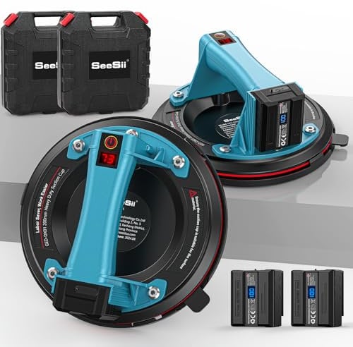 Seesii 2x Ventosa Elettrica per Sollevamento, Portata Massima 600LBS, Batteria da 4 x 2400mAh, Display Digitale, 8 Pollici Ventose per Vetro, Granito, Piastrelle, Metallo, Parabrezza