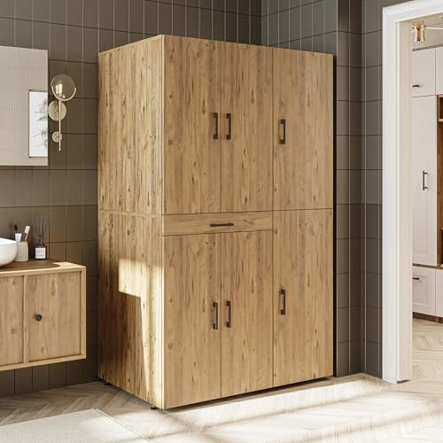 ROOMART Waschmaschinenschrank Dora Set für Trockner & Waschmaschine, in 4 Farben, mit Türen und Ausziehbrett Weiß, Weiß Eiche, Anthrazit Eiche