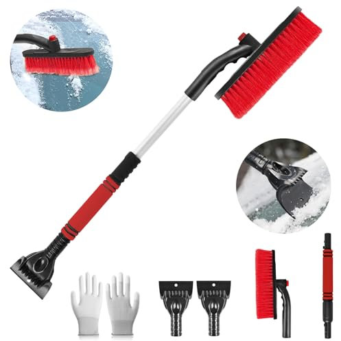 Funnity Eiskratzer Auto mit Besen, Effektiver Schneebesen Auto, Eiskratzer Auto mit Handschuh[Teleskop], Große Kante Borsten & Ergonomischem Schaumstoffgriff & Eiskratzer mit Besen(Rot)