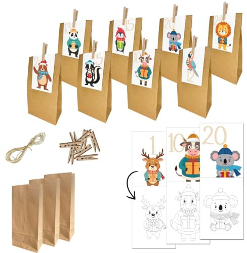 PuK Adventskalender für Kinder zum Befüllen | 24 Karten zum Ausmalen | 24 Tüten selbst befüllen | Kinder Adventskalender mit Tüten selber basteln | DIY Adventskalender Kinder Tiermotive (Set)