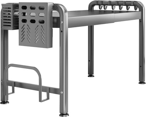 Esenlong Expandable Microwave Oven Rack, Adjustable Carbon Steel Microwave Shelf, Kitchen Counter Organizer Shelf Stand with 6 Hooks for Toaster, Pot Pan Grill Storage Racks (Grey)