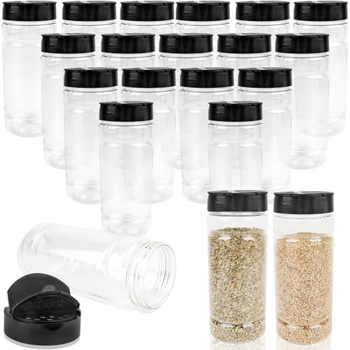 20 Pack 16 oz Plastic Spice Jars with Black Shaker Cap Reusable Seasoning Containers Jars with Shaker Lids Clear Empty Plastic Bottle for Storing Spice Seasoning Powders