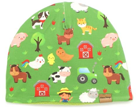 Kleine Könige Mütze Jungen Herbst Winter Kindermütze · Modell Pferd Kuh Bauernhof Happy Farm grün · Fleece Lemon · Größe 134/140 (KU 55-57)