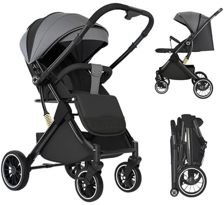 Poussette Canne, Poussette Bebe Légère et Compacte, 3 positions d'inclinaison, 0 à 4 ans (25 kg max), position allongée, pliable à une main, 4 roues avec amortisseurs, avec un Grand Panier (Gris)