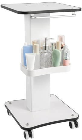 MEHOOSPVN Salon Trolley Cart With 360° Rotary Wheels, Metal Vacuum Therapy Machine Trolley for Esthetician, Beauty Rolling Service Tray, Medical Instrument Spa Equipment, White