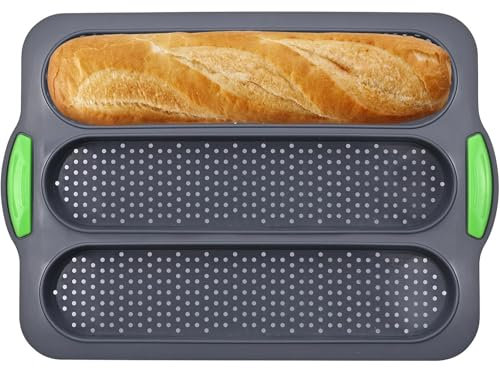 Moule à Pain en Silicone – Moule Baguette Perforé Antiadhésif, Moule Baguette Four à 3 Compartiments, Idéal pour la Cuisson de Baguettes, Pains Longs et Hot-Dogs