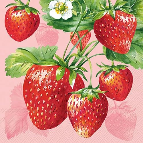 Lot de 20 serviettes en papier avec motif de grandes fraises sur rose Convient également pour le découpage et la technique des serviettes 33 x 33 cm