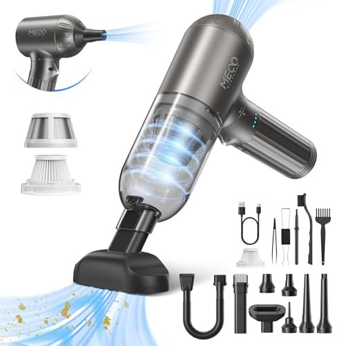 MECO ELEVERDE 4-in-1 Handstaubsauger Akku, Elektrische Staubgebläse 130000U/min 3-Gang Auto Staubsauger mit Bürstenloser Motor und LED-Licht, Tastatursauger Druckluftspray für PC, Sofa, Auto (Grau)