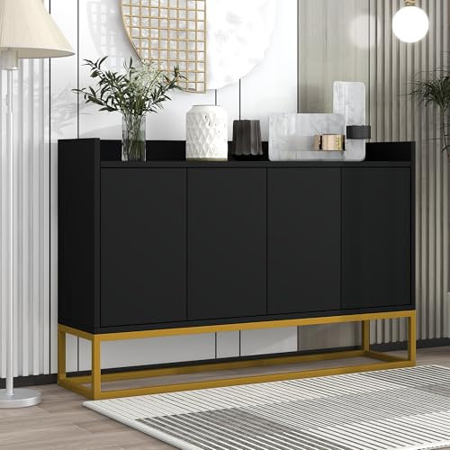 YuQozii Aparador moderno de estilo minimalista con 4 puertas, sin tiradores, para comedor, salón, cocina (negro)