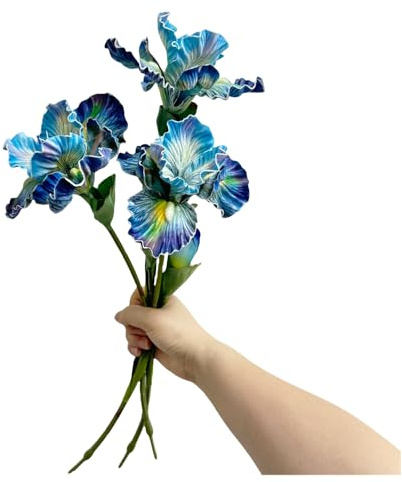 Rikyo 3pcs Blue Iris Flower Artificial PU Flower Heads with Stem,Real Touch | Fake flowers Realistic Faux Bouquets Bulk Outdoor Cemetery Arrangements,Wedding Decor, Dining Table Centerpieces,Vase Filler