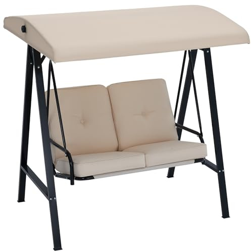 YODOLLA Balancelle de Jardin 2 Places - Balancoire Extérieure avec Auvent Réglable & Coussin Épais - Grand Confort - 143 × 95 × 153 cm (Beige)