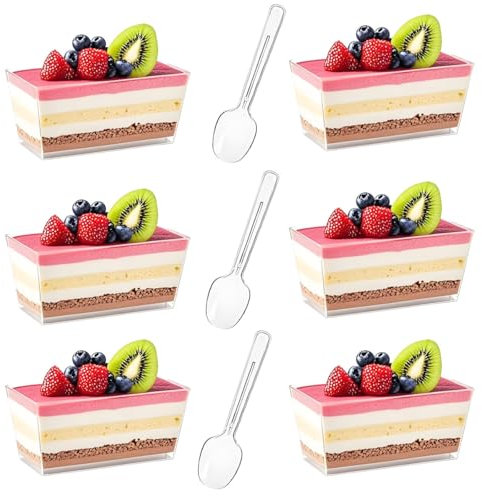 LJYING 50Pcs 140ml/4.9oz Dessert Cups & Bowls with Spoons - Reusable Hard Plastic Rectangle Cheesecake Pots - Clear Serving Bowls for Pudding, Mousse, Trifles, Appetizers, Parties (140ml/4.9oz)