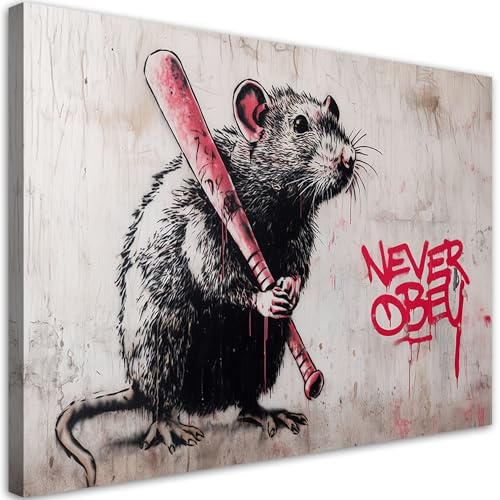 Feeby Leinwand Bilder - Bild Wohnzimmer - Ratte Street Art - 60x40 1tlg - Deko Schlafzimmer Groß - Dekoration Canvas - Gemälde - Modern Wandbilder - Kunstdruck