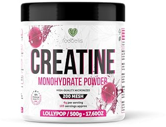 Foodelis Creatina Monohidratada en Polvo 500 g – Sabor Lollipop – 100% Creatina Micronizada – Alta Pureza – Sin Aditivos – Vegana – Alta Solubilidad – Incluye Dosificador