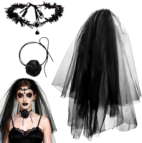 Nlqhyrexion Gothic Schleier Set für Halloween, Dia de Los Muertos Accessoires Damen - Schleier mit Haarreif und Schwarzer Rosen Halskette als Kostüm Zubehör, Braut Set (80cm Halblang)